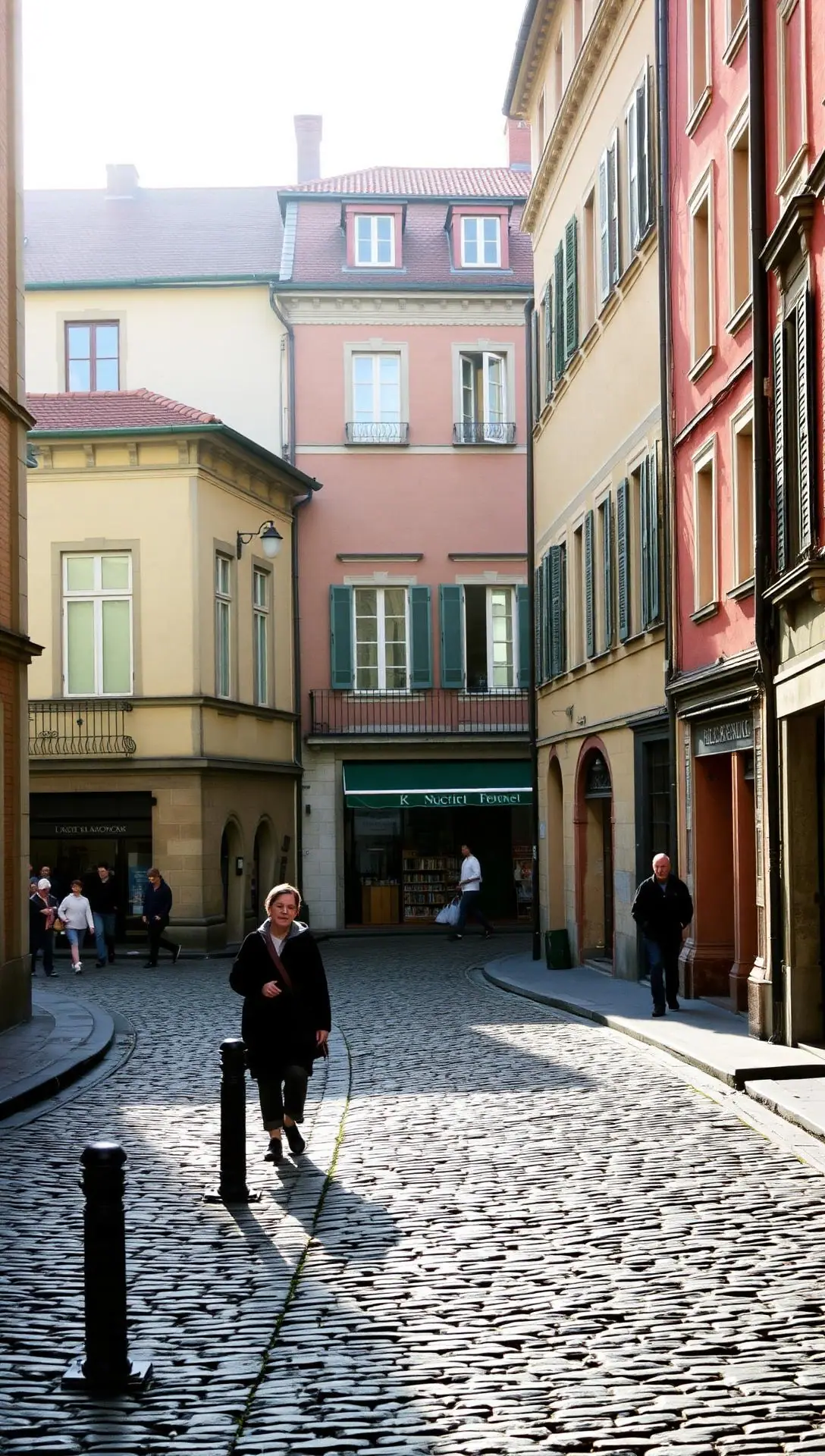 Stradă pietruită cu clădiri colorate, într-un oraș european