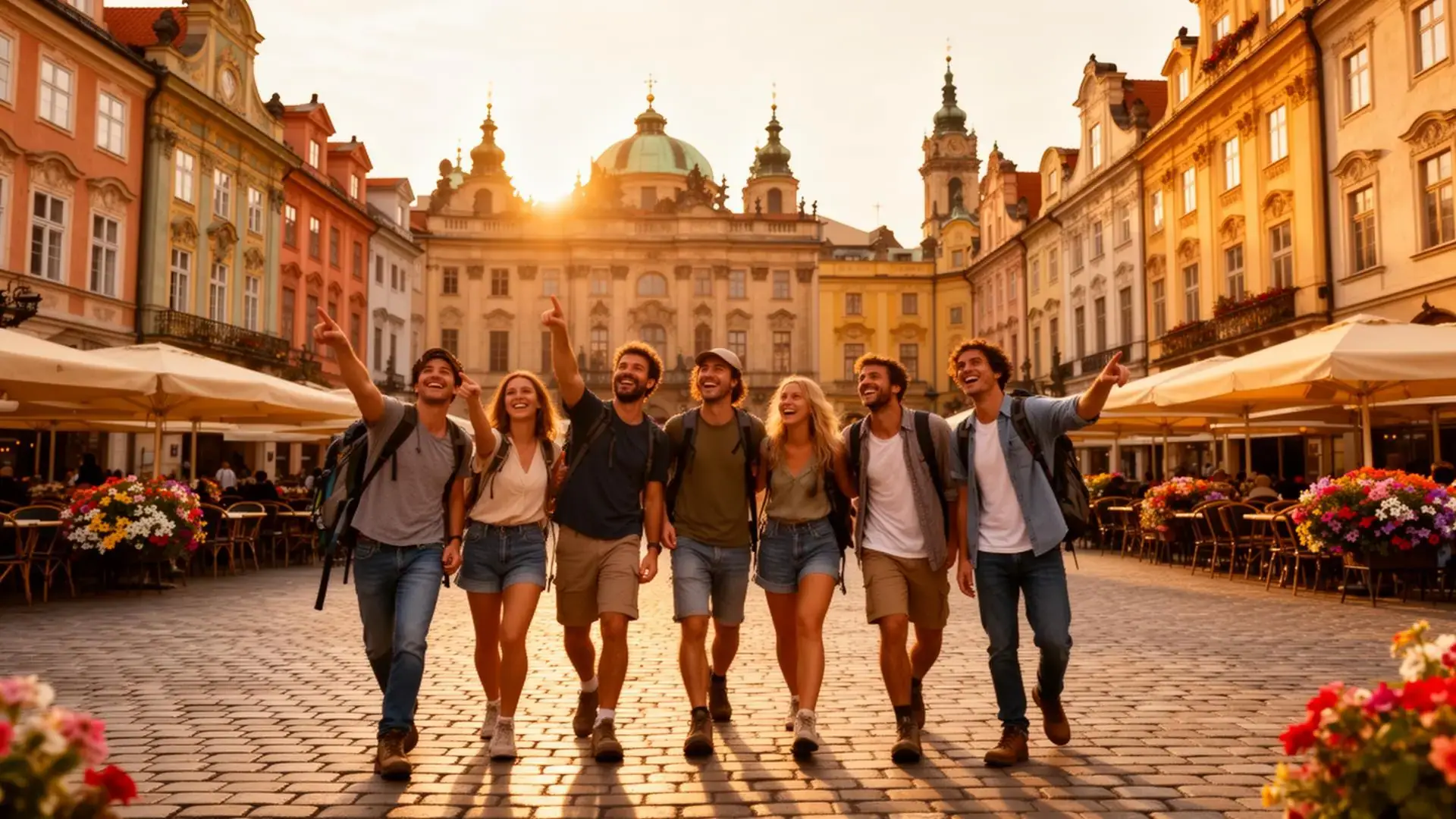Grup de călători zâmbitori într-o piață istorică europeană, la apus