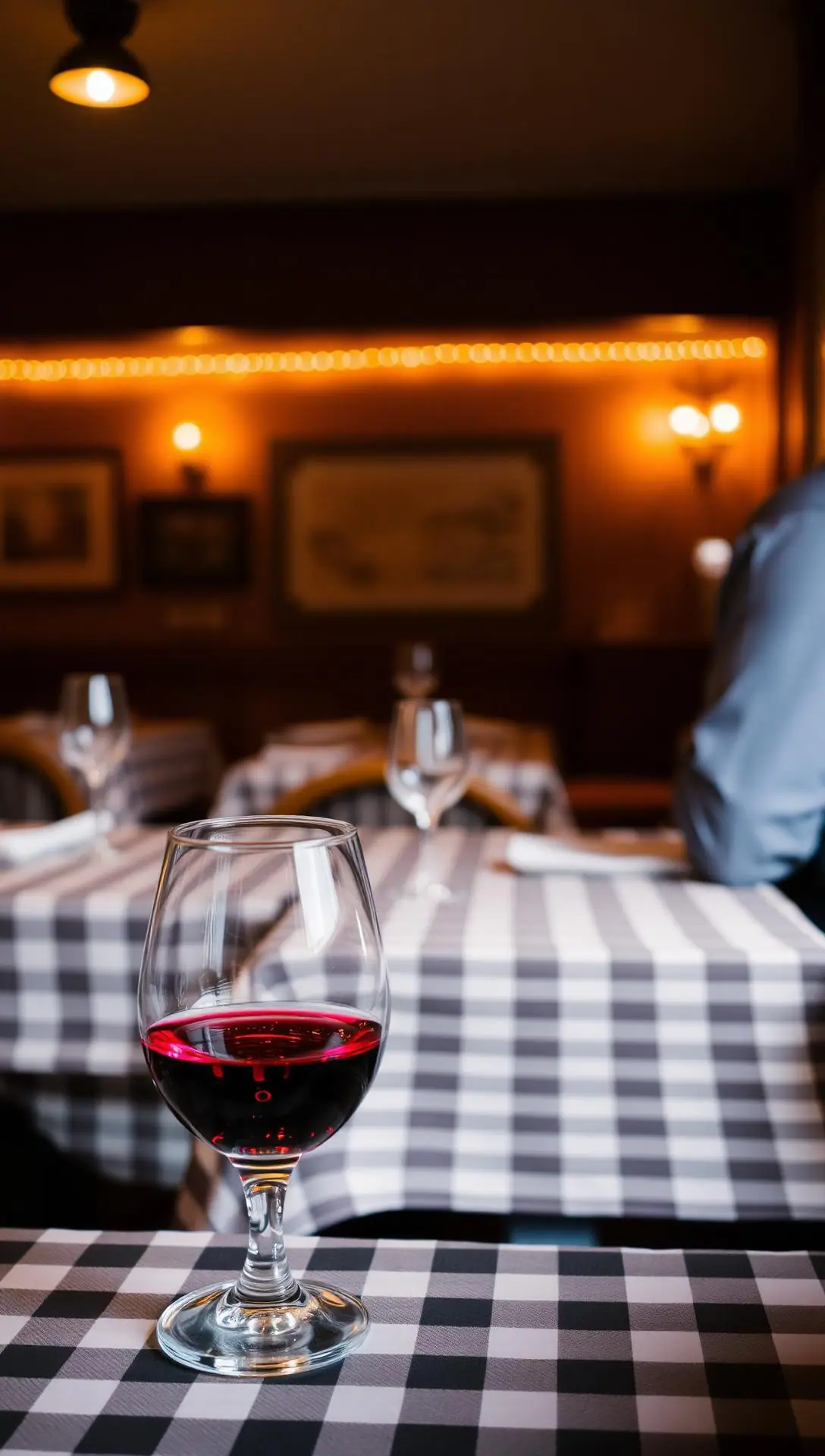 Pahar cu vin roșu pe o masă cu față de masă în carouri, într-un bistro